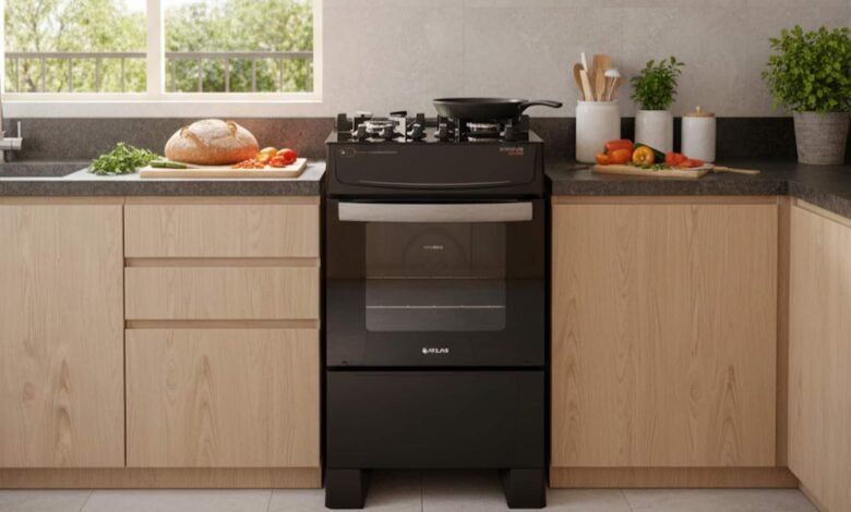 Achadinho Shopee! Fogão Atlas Atenas Glass: design moderno, mesa de vidro e 30% OFF. Praticidade e economia na sua cozinha!